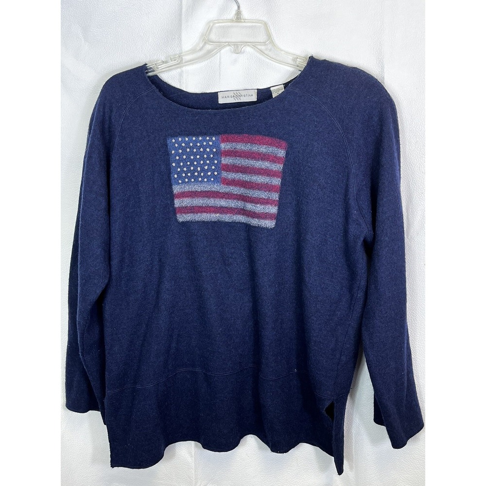 Marisa Christina Navy Sweater American Flag 100% Wool Pullover Top Women XL